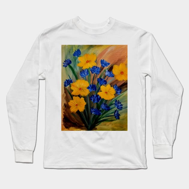 Started with a fun and background and tried to use colors that made my flowers pop off the canvas . Long Sleeve T-Shirt by kkartwork